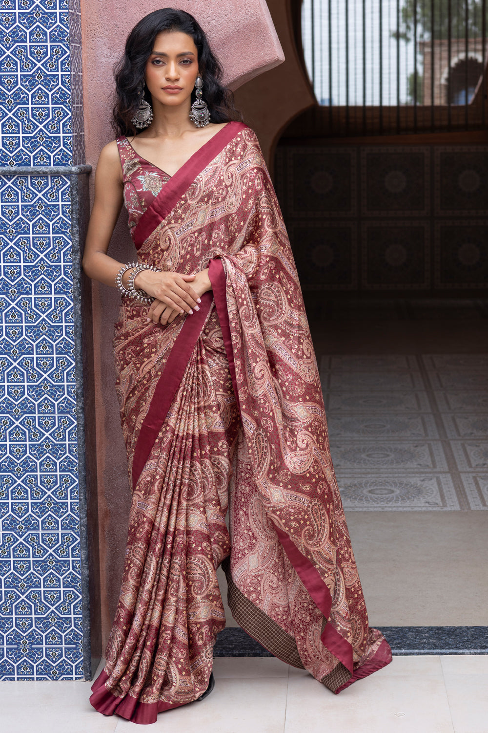 Maroon Satin Paisley Printed Saree with Maroon Chintz Satin Tie-Back Blouse