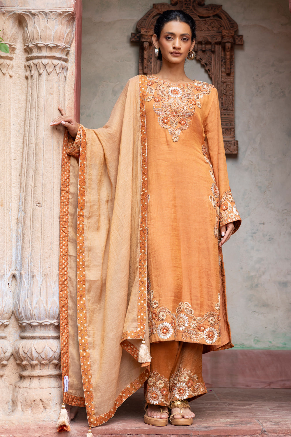 Rust  Embroidered Kurta with Embroidered Pants & Beige Dupatta