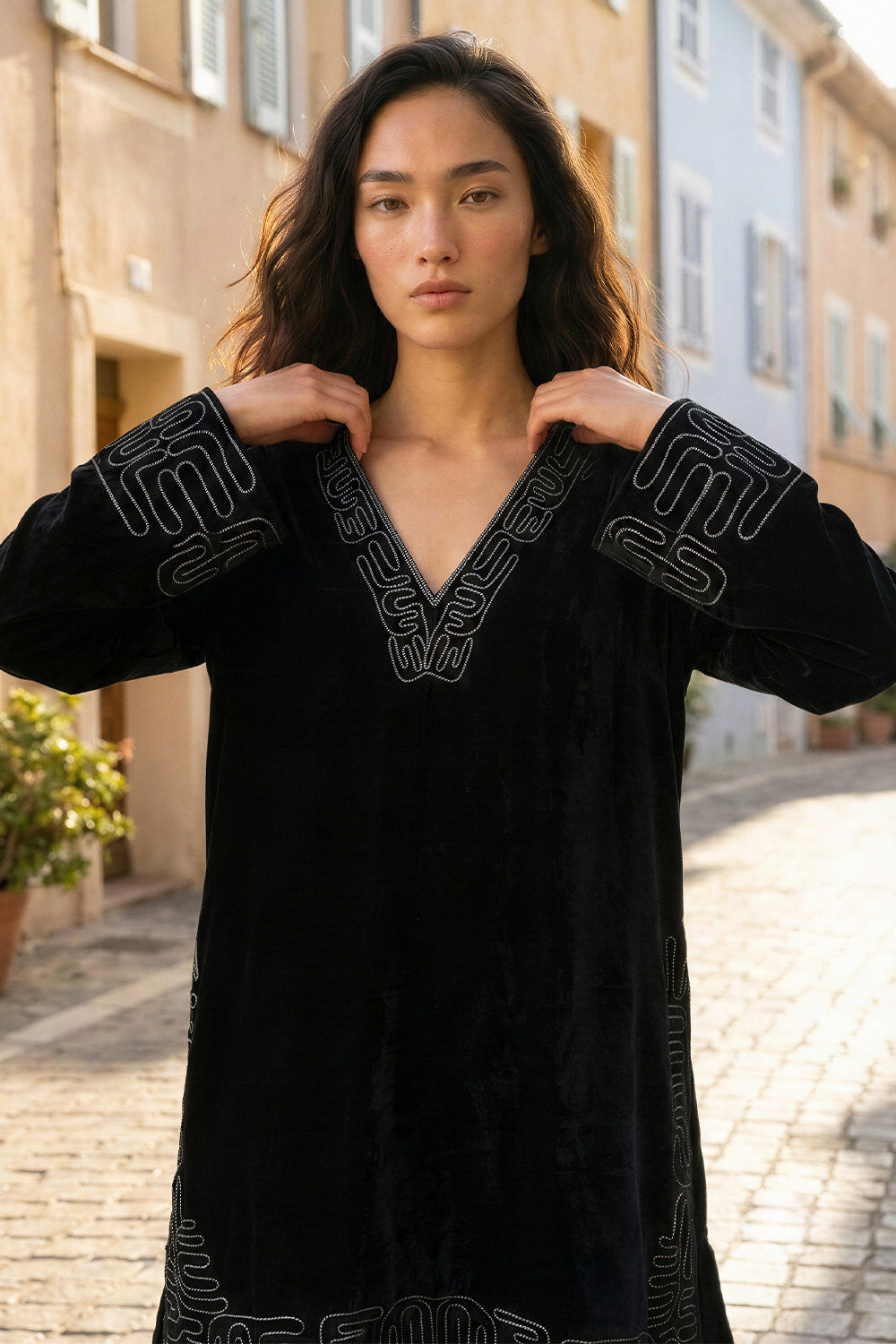 Black Velvet Couching Tunic Dress