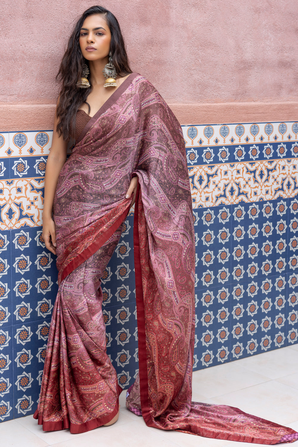Pink Ombre Satin Paisley Printed Saree with Brown Textured Raw Silk Blouse