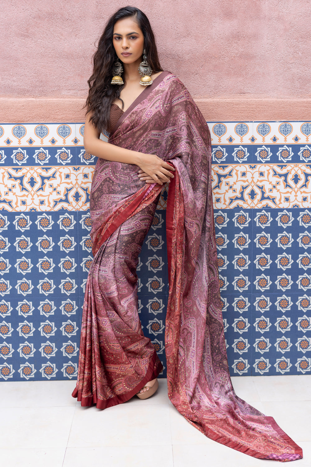 Pink Ombre Satin Paisley Printed Saree with Brown Textured Raw Silk Blouse