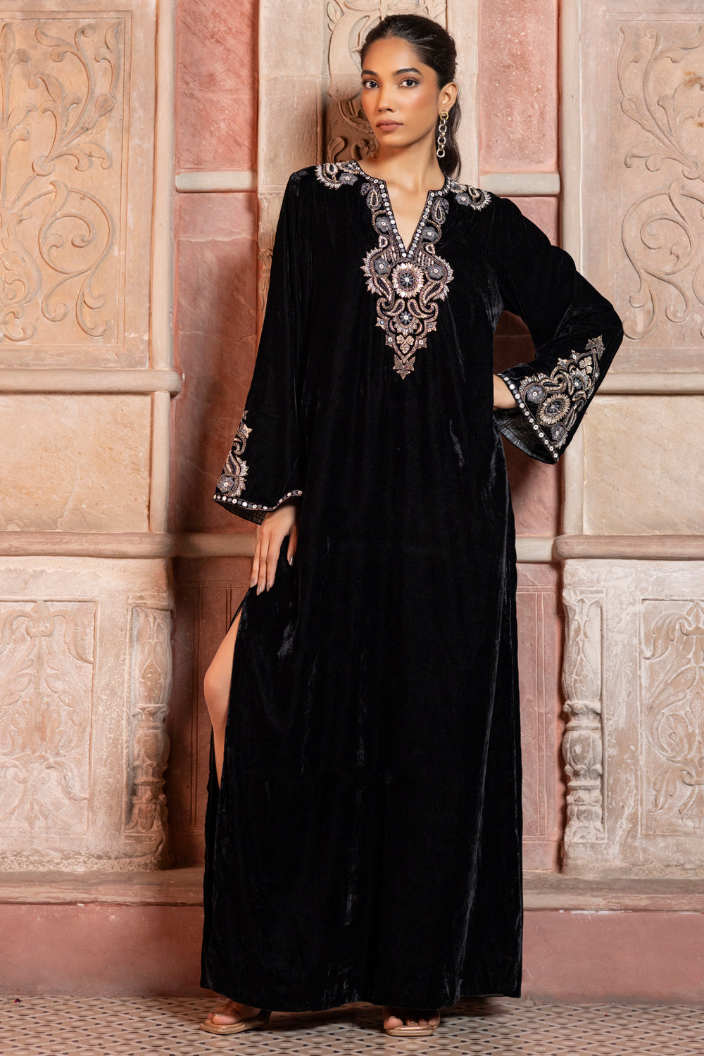 Black Velvet Paisley Embroidered Kaftan