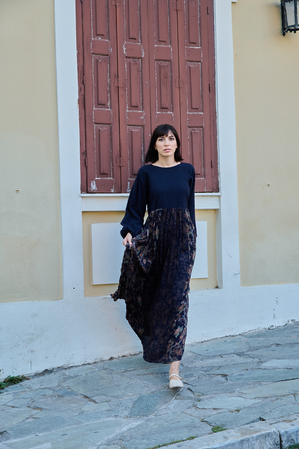Blue Textured Chintz Panel Dress