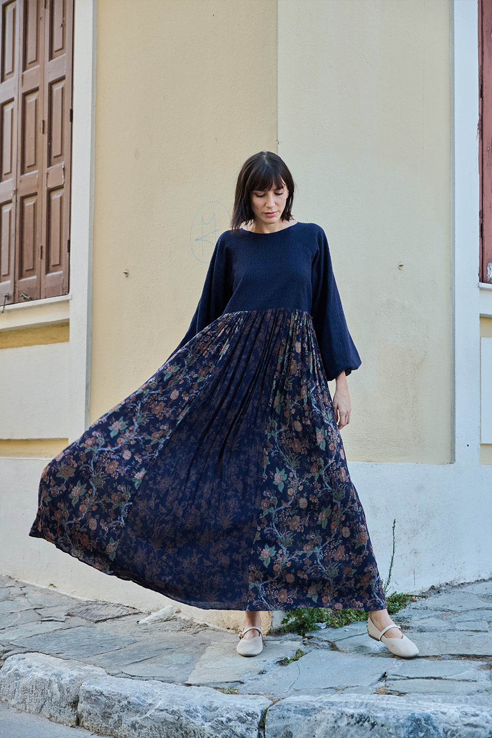 Blue Textured Chintz Panel Dress