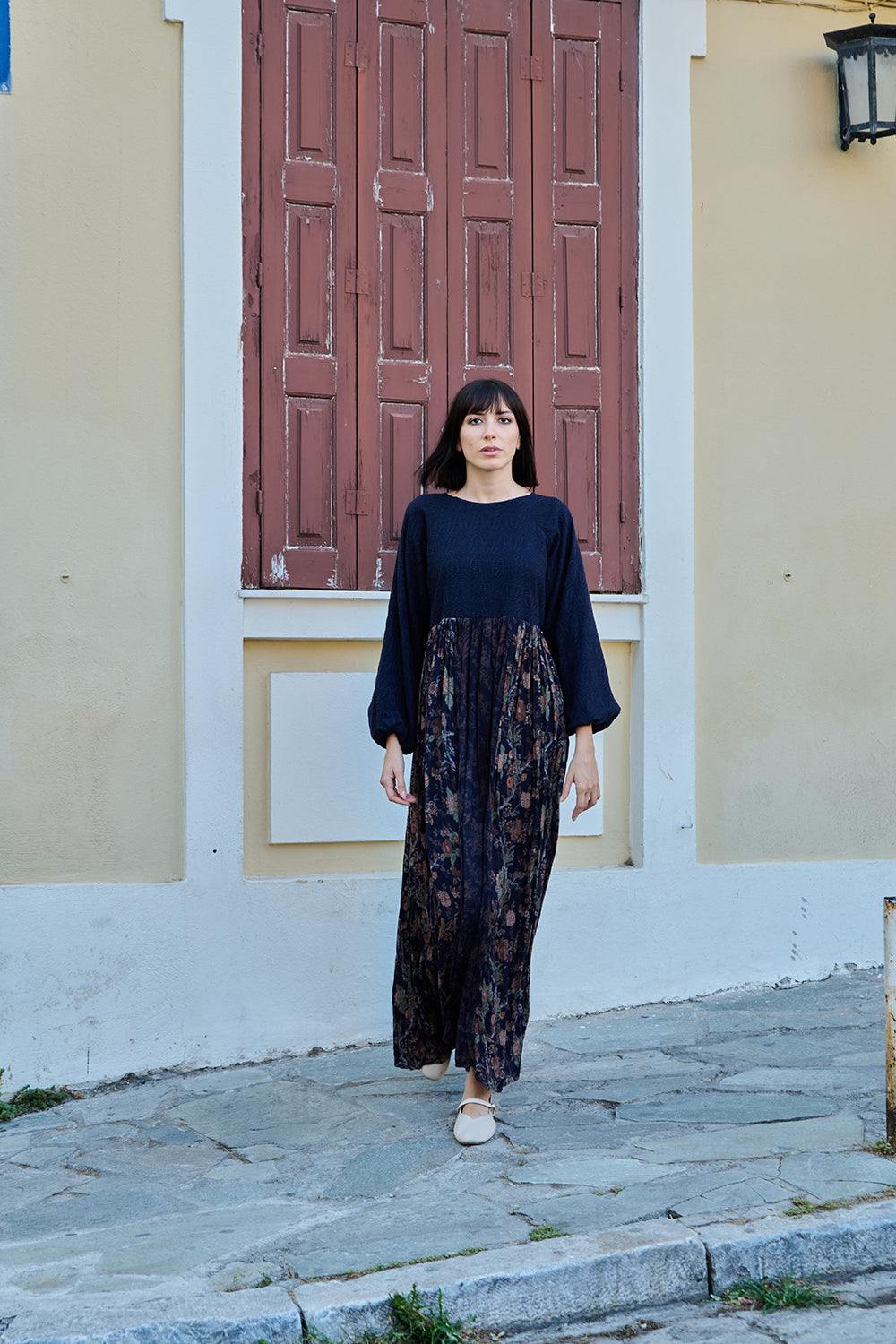 Blue Textured Chintz Panel Dress