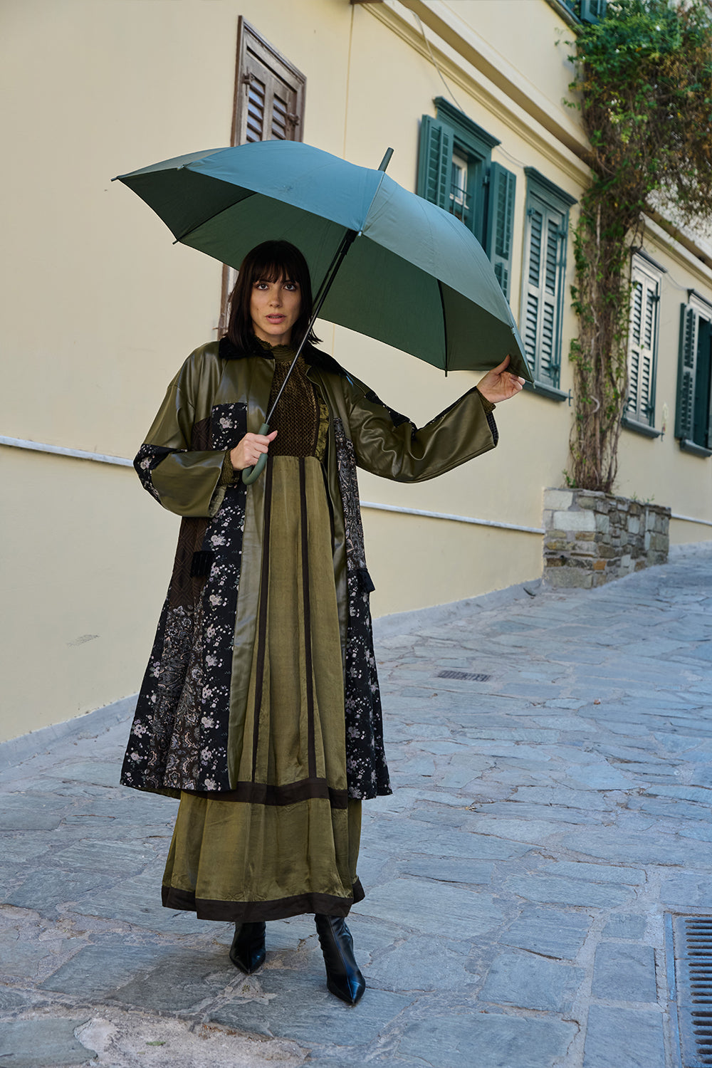 Olive Satin Velvet-Bodice Dress.