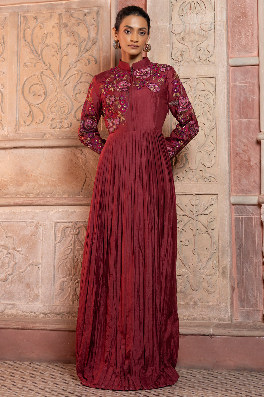 Maroon Silk Pleated Maxi with Floral Appliqué Embroidery