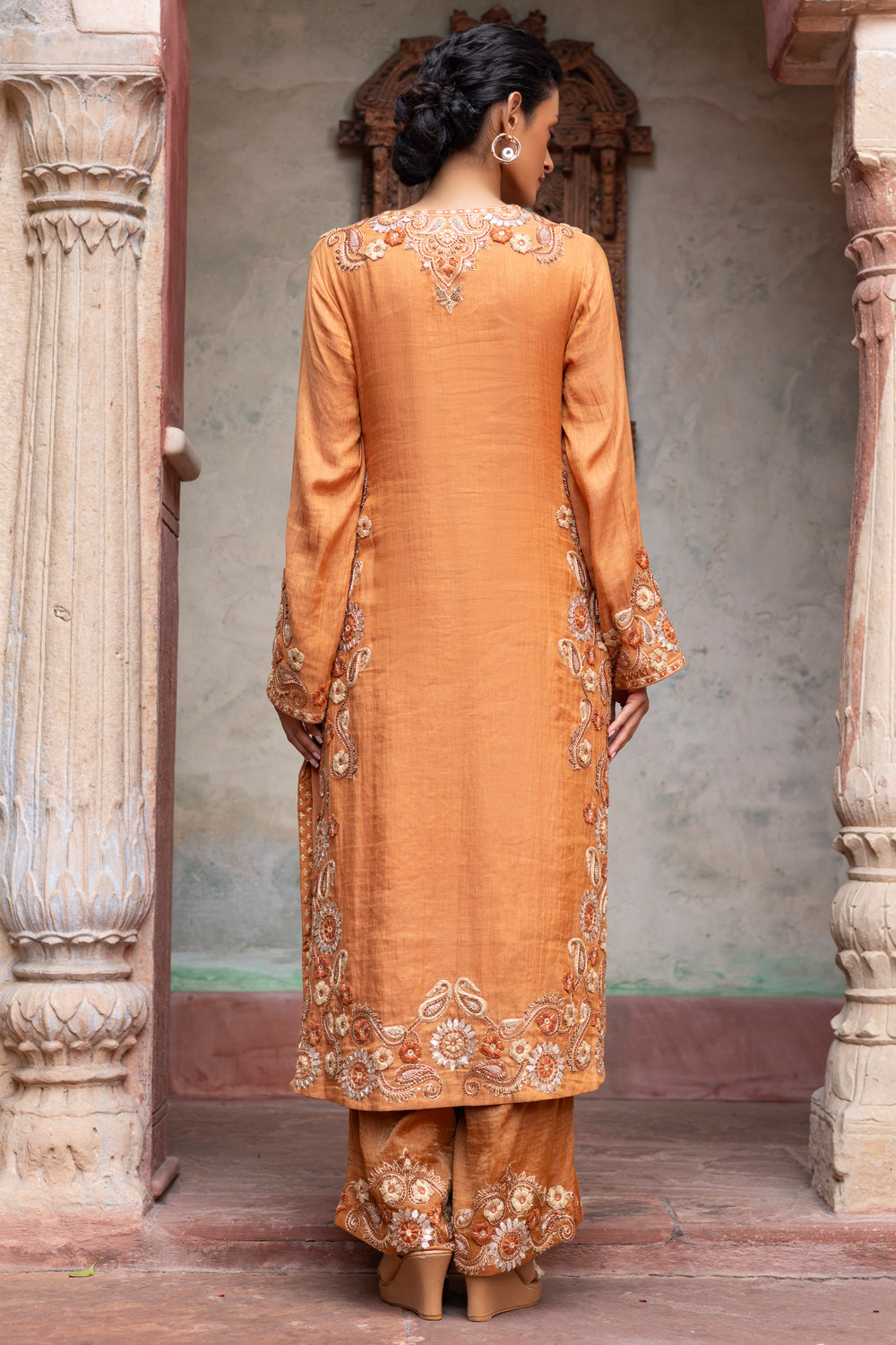 Rust  Embroidered Kurta with Embroidered Pants & Beige Dupatta