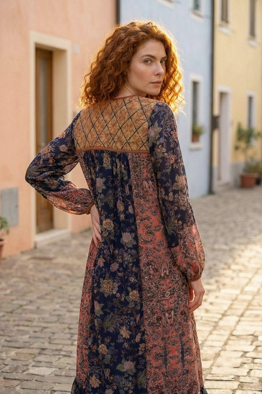 Navy & Rust Chintz Printed Midi Dress