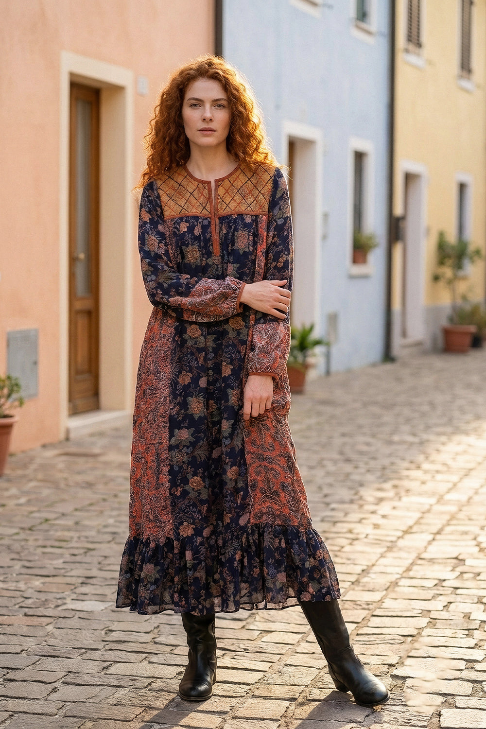 Navy & Rust Chintz Printed Midi Dress