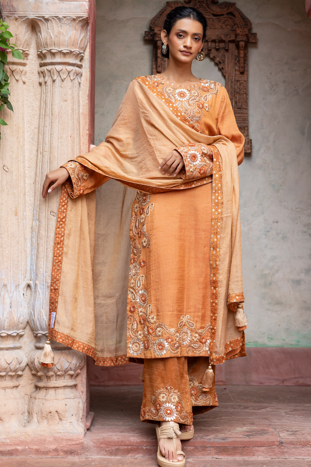 Rust  Embroidered Kurta with Embroidered Pants & Beige Dupatta
