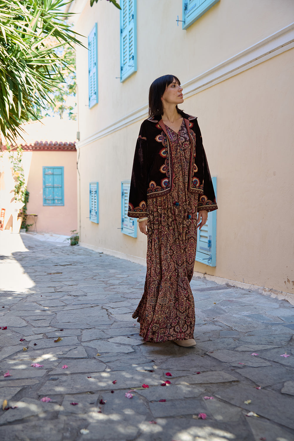Brown Paisley Printed Satin Midi Dress