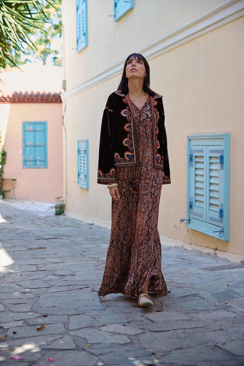 Brown Paisley Printed Satin Midi Dress