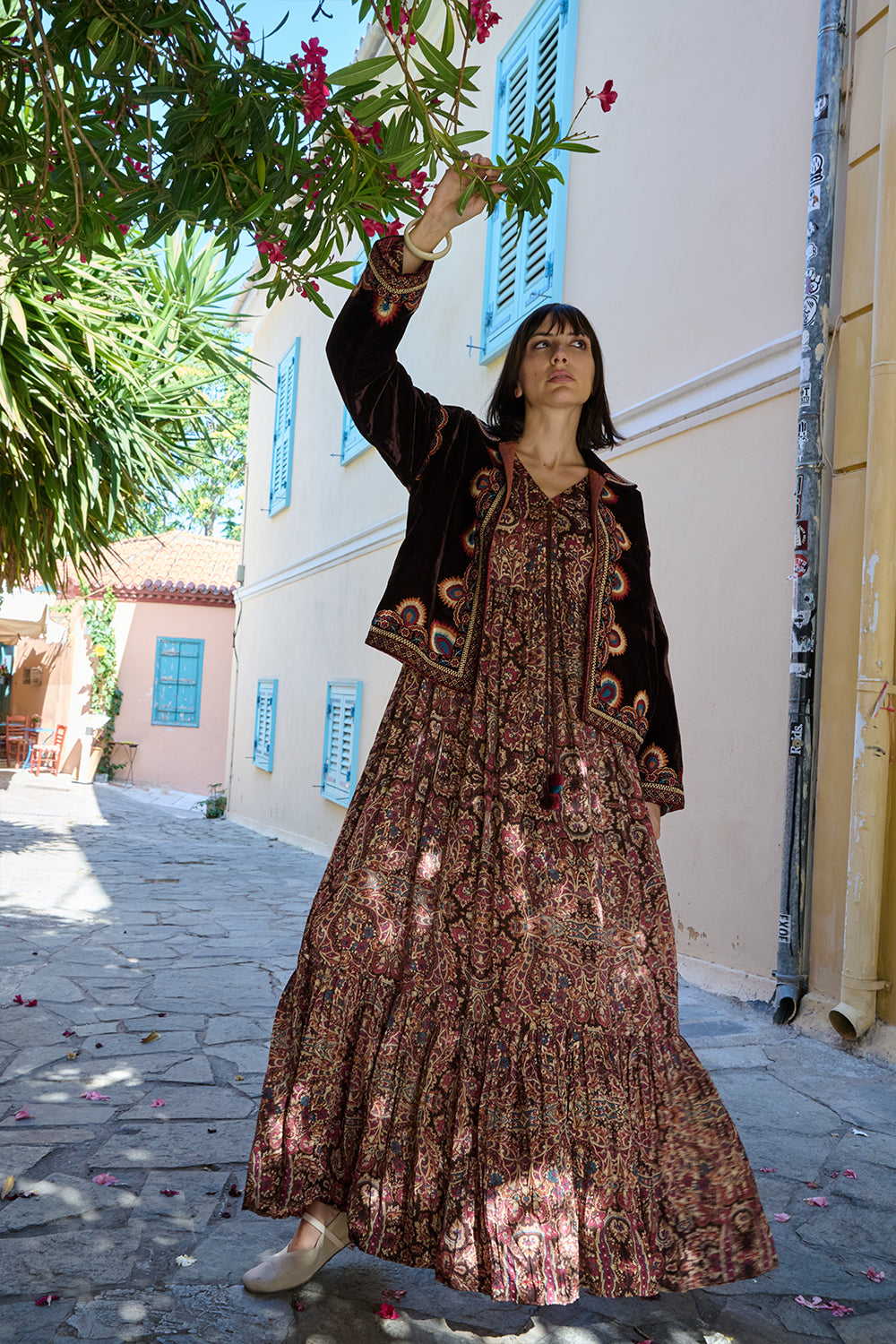 Brown Paisley Printed Satin Midi Dress