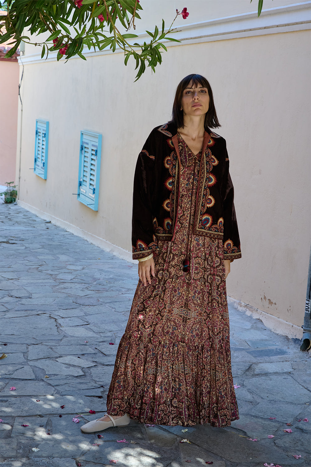 Brown Paisley Printed Satin Midi Dress