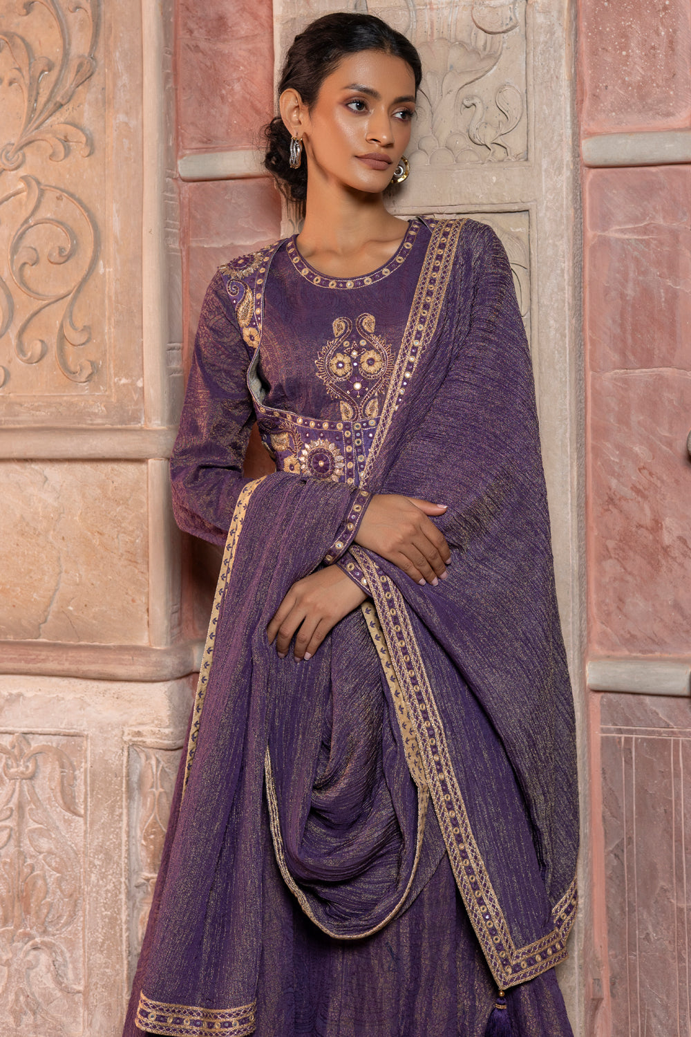 Deep Purple Embroidered Jacket with Anarkali & Crushed Dupatta