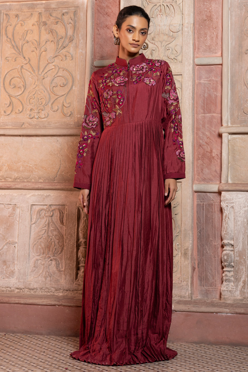 Maroon Silk Pleated Maxi with Floral Appliqué Embroidery