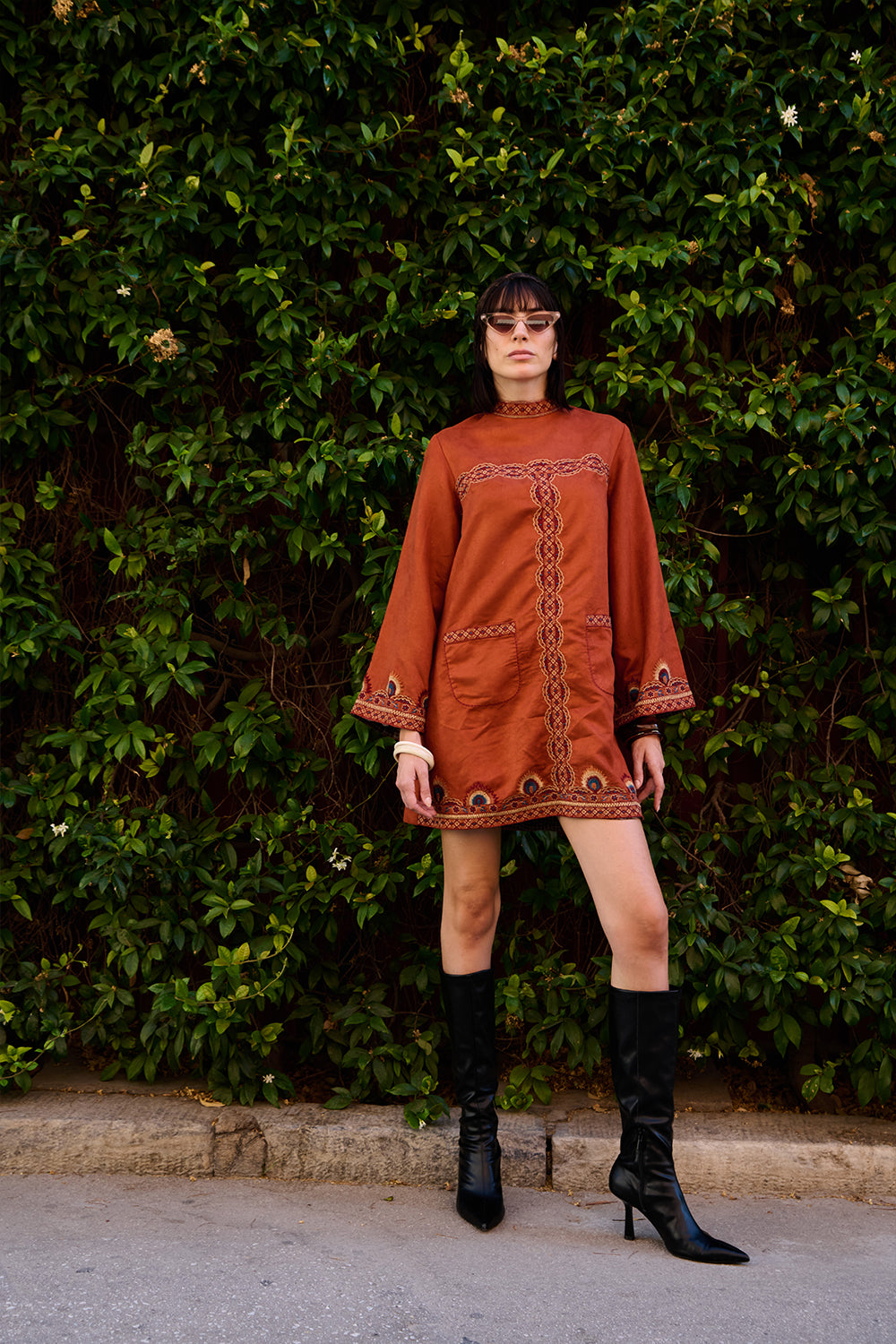 Rust Suede Embroidered Short Dress
