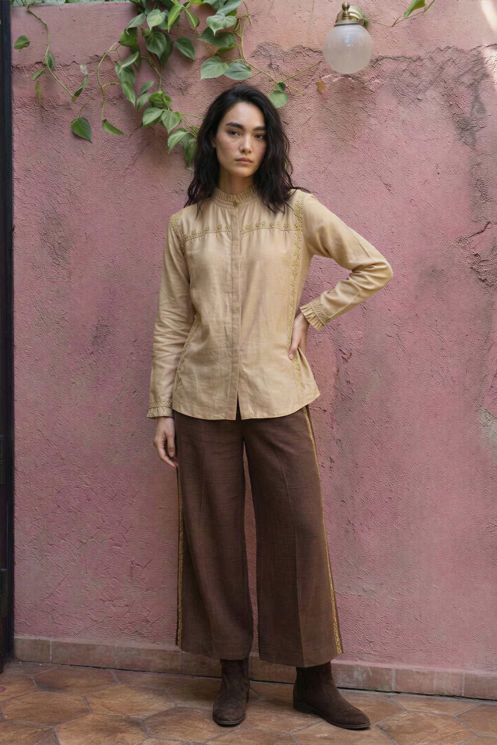 Beige Silk Embroidered Shirt