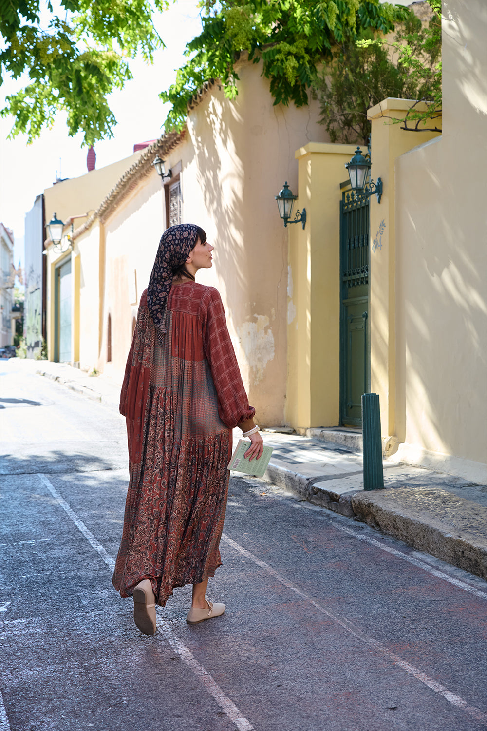Rust Twill Printed Textured Midi Dress