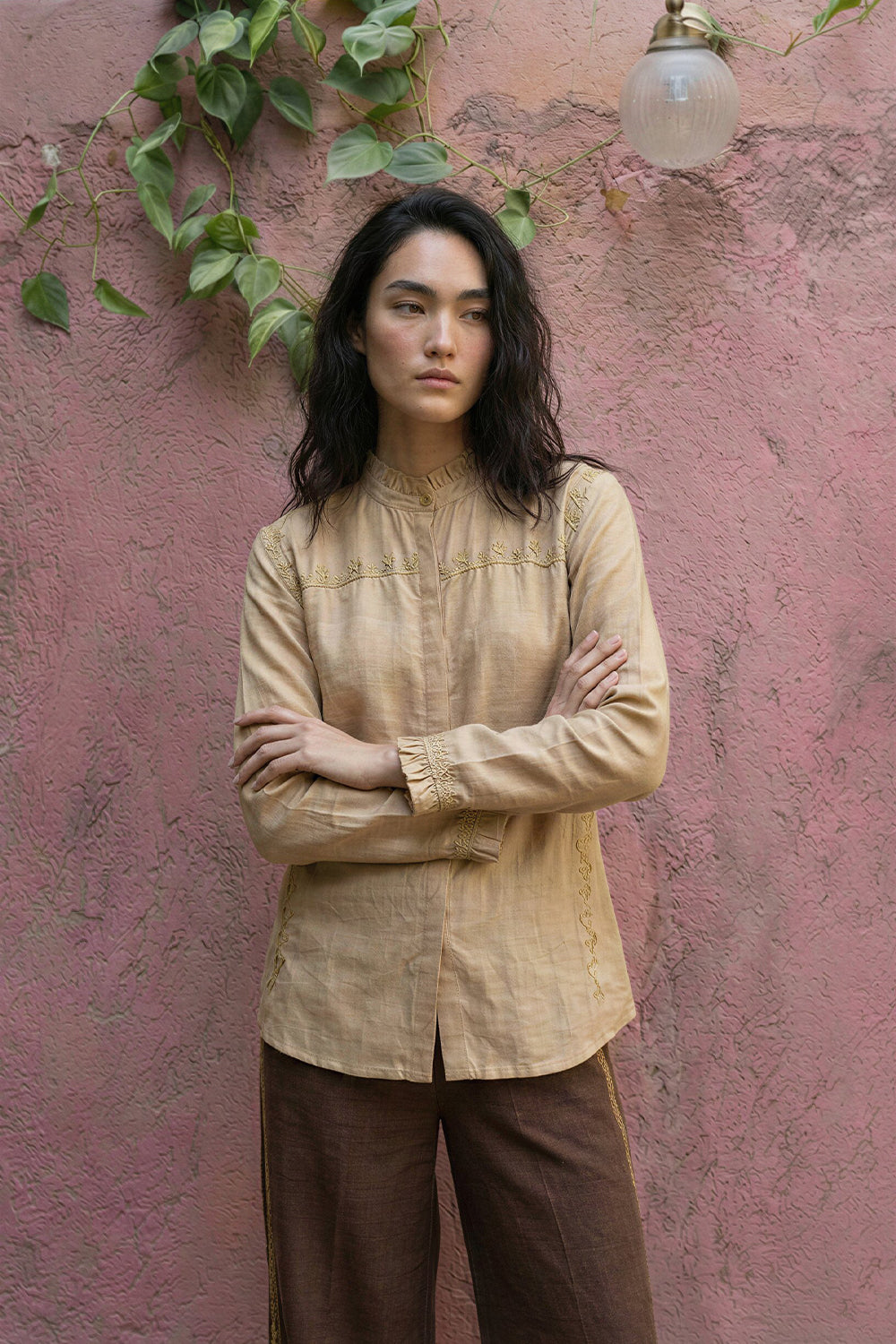 Beige Silk Embroidered Shirt