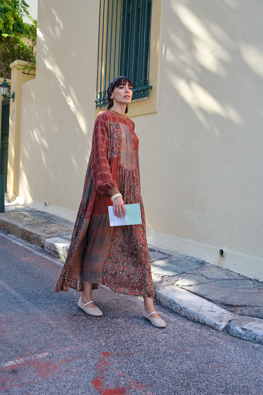 Rust Twill Printed Textured Midi Dress