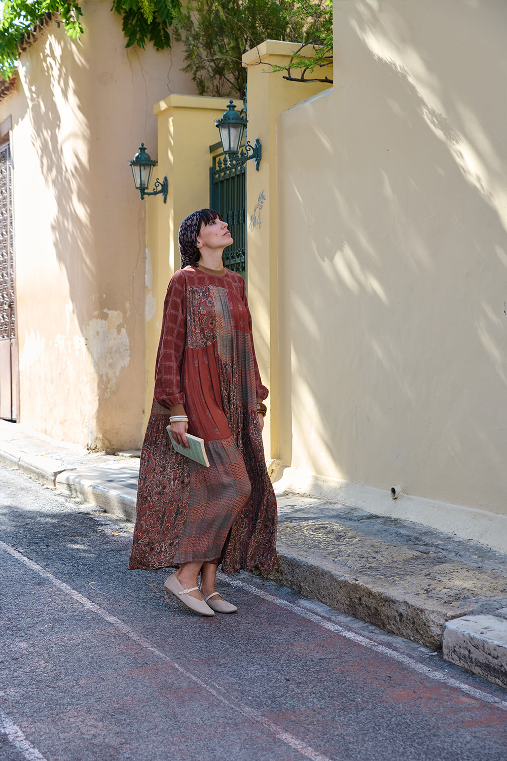 Rust Twill Printed Textured Midi Dress
