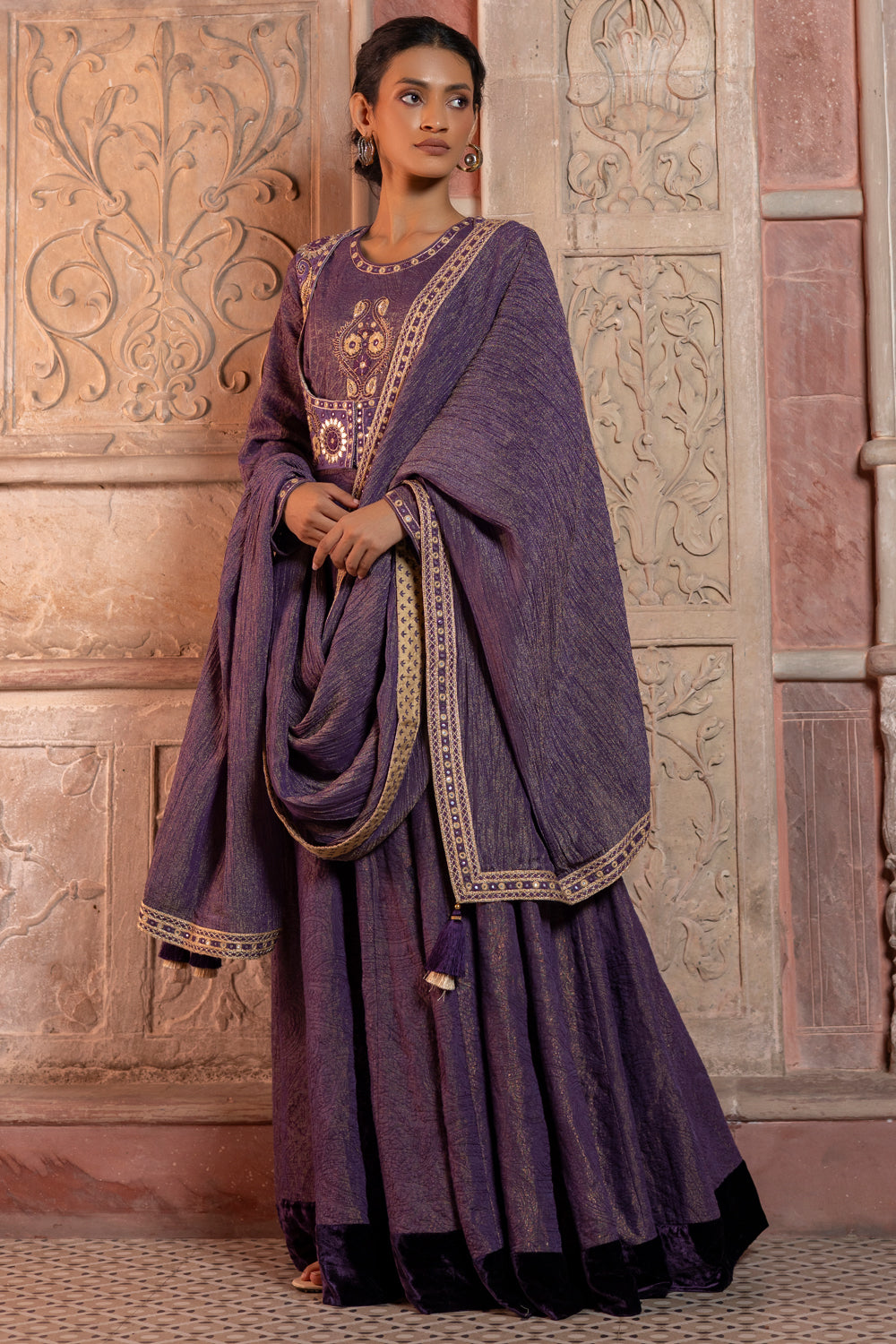Deep Purple Embroidered Jacket with Anarkali & Crushed Dupatta