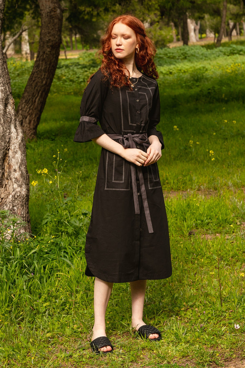 Black poplin stitchline shirt dress with suede belt | Rescue