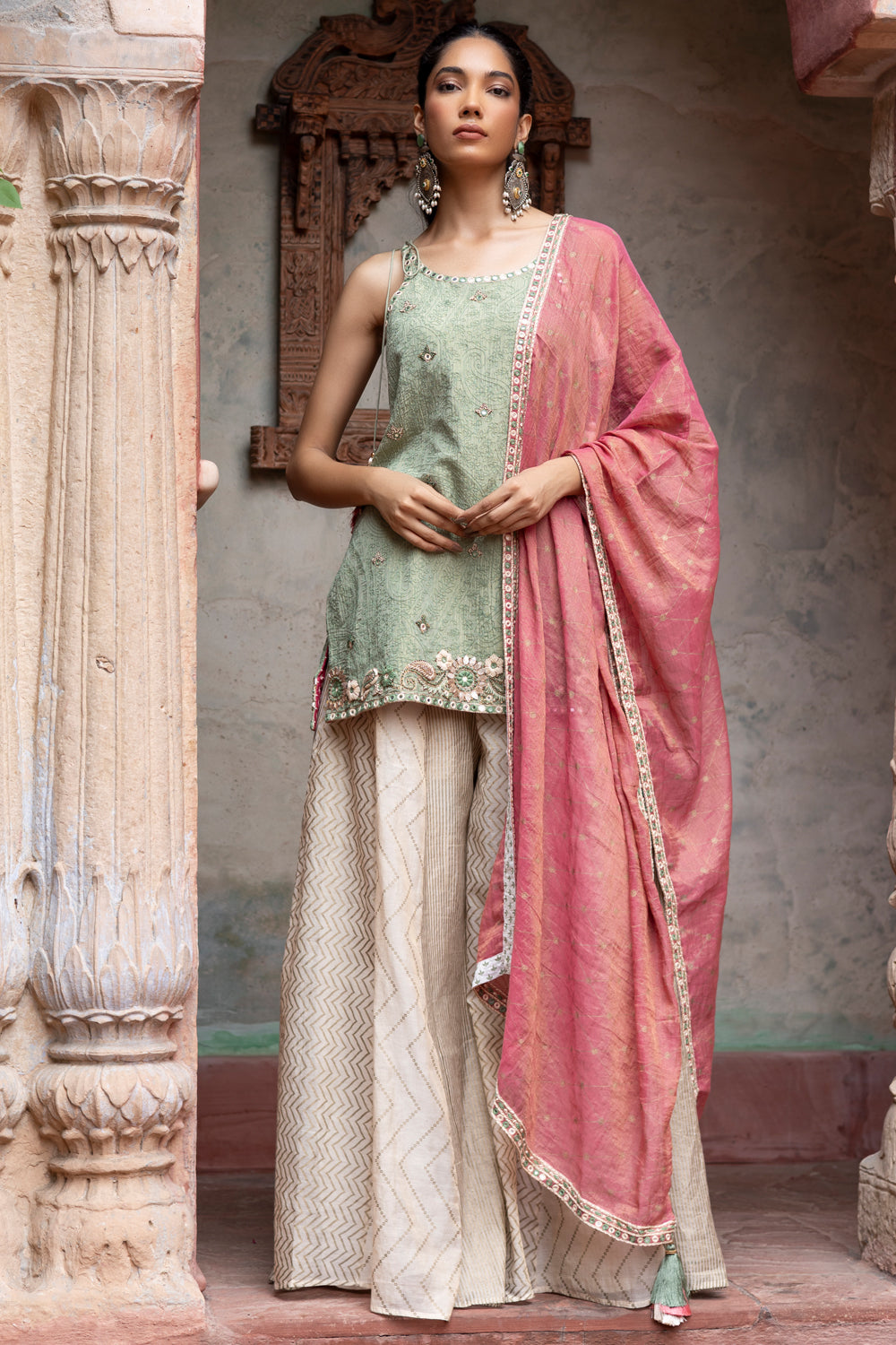 Green Embroidered Short Kurta with Kali Pants & Dupatta