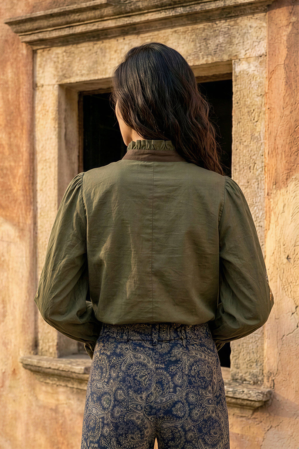Olive Silk Floral Embroidered Shirt.