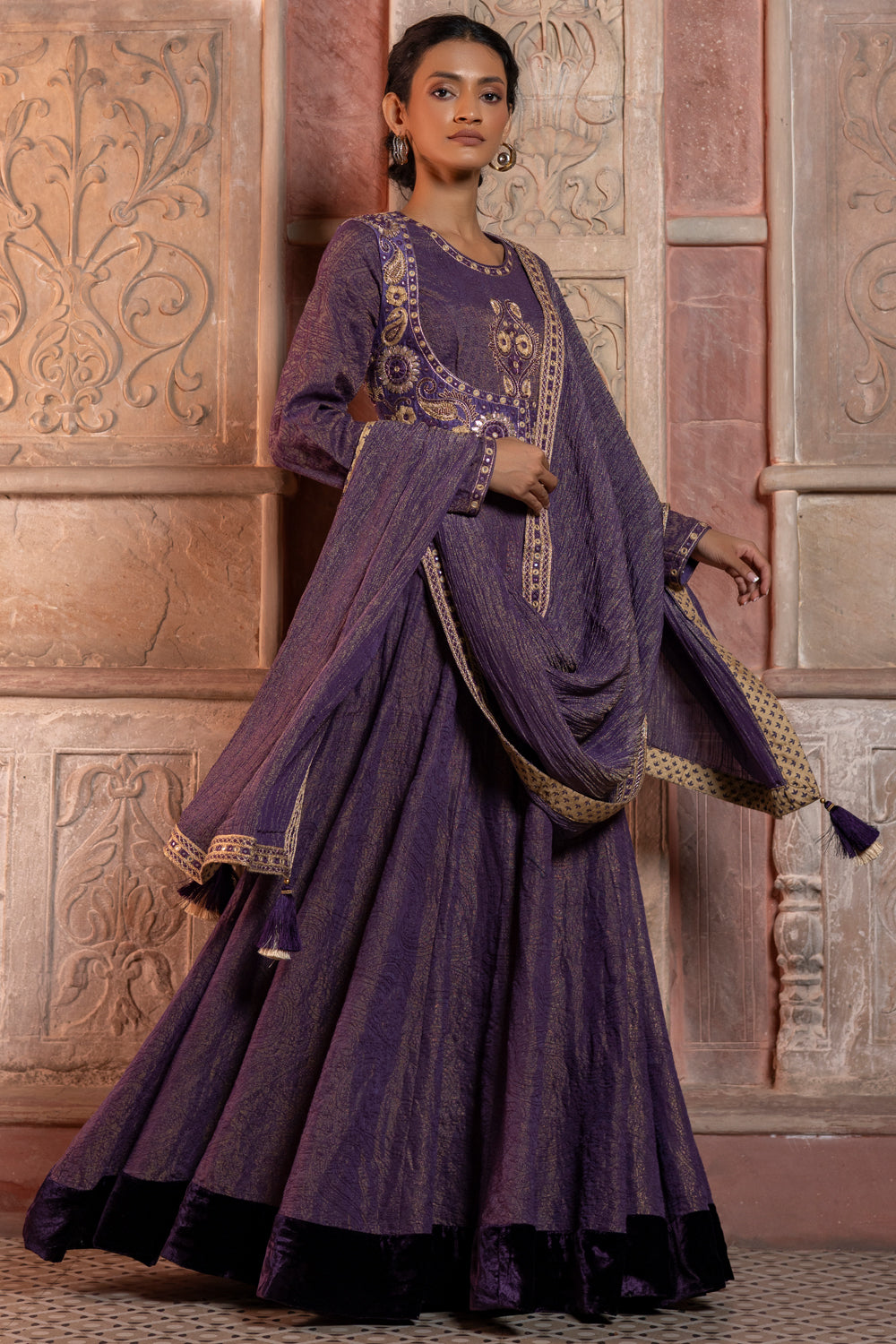 Deep Purple Embroidered Jacket with Anarkali & Crushed Dupatta