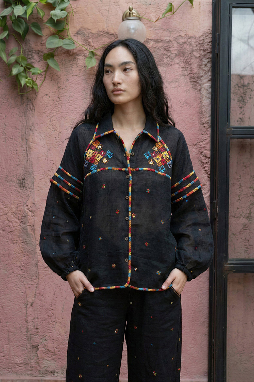 Maroon Cross-Stitch Embroidered Shirt