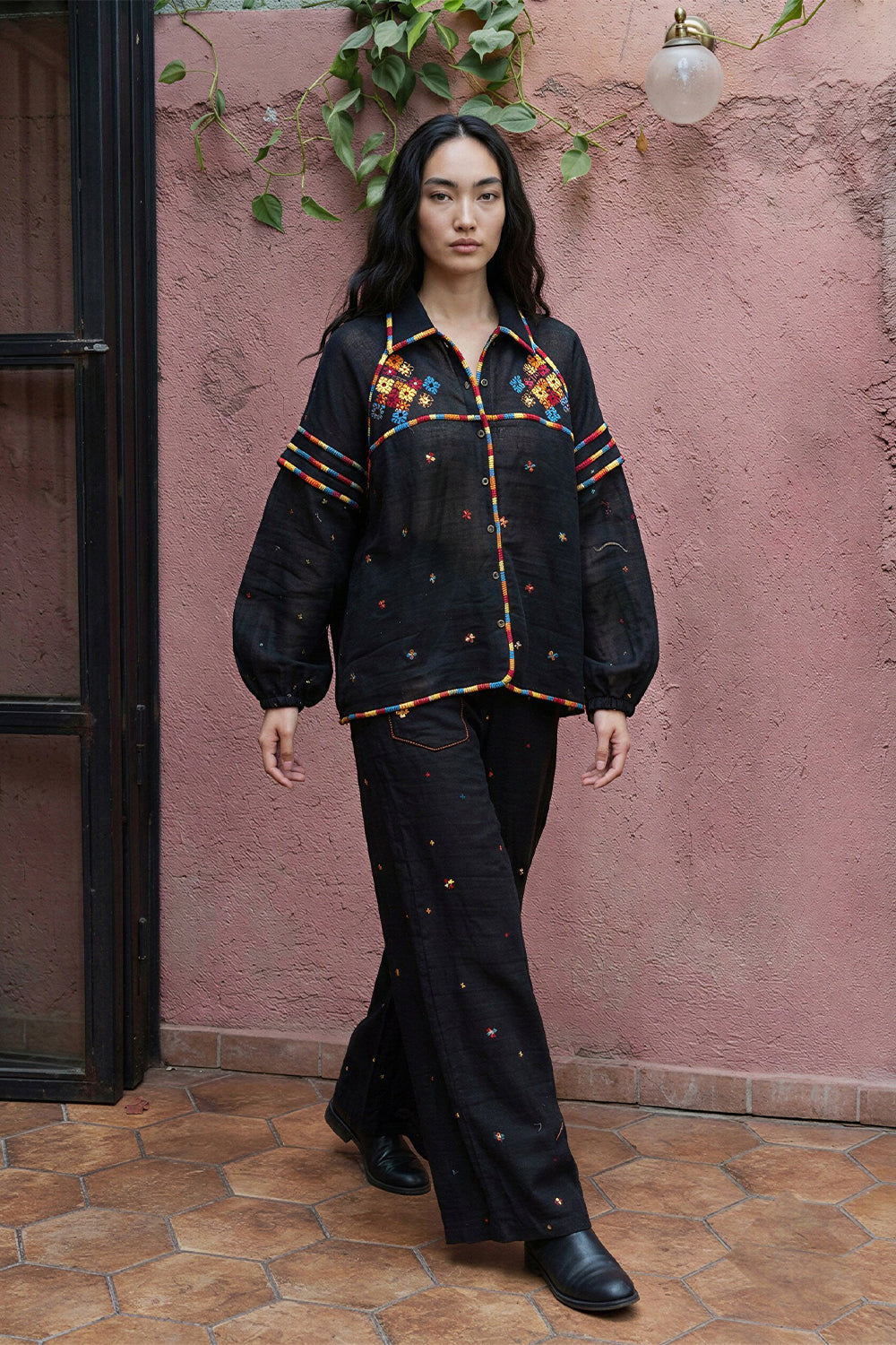 Maroon Cross-Stitch Embroidered Shirt