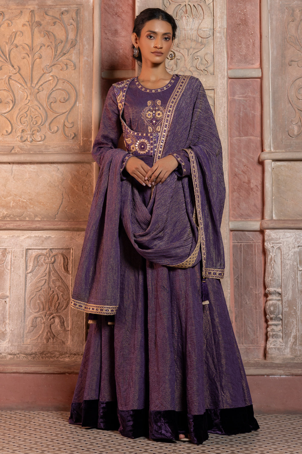 Deep Purple Embroidered Jacket with Anarkali & Crushed Dupatta