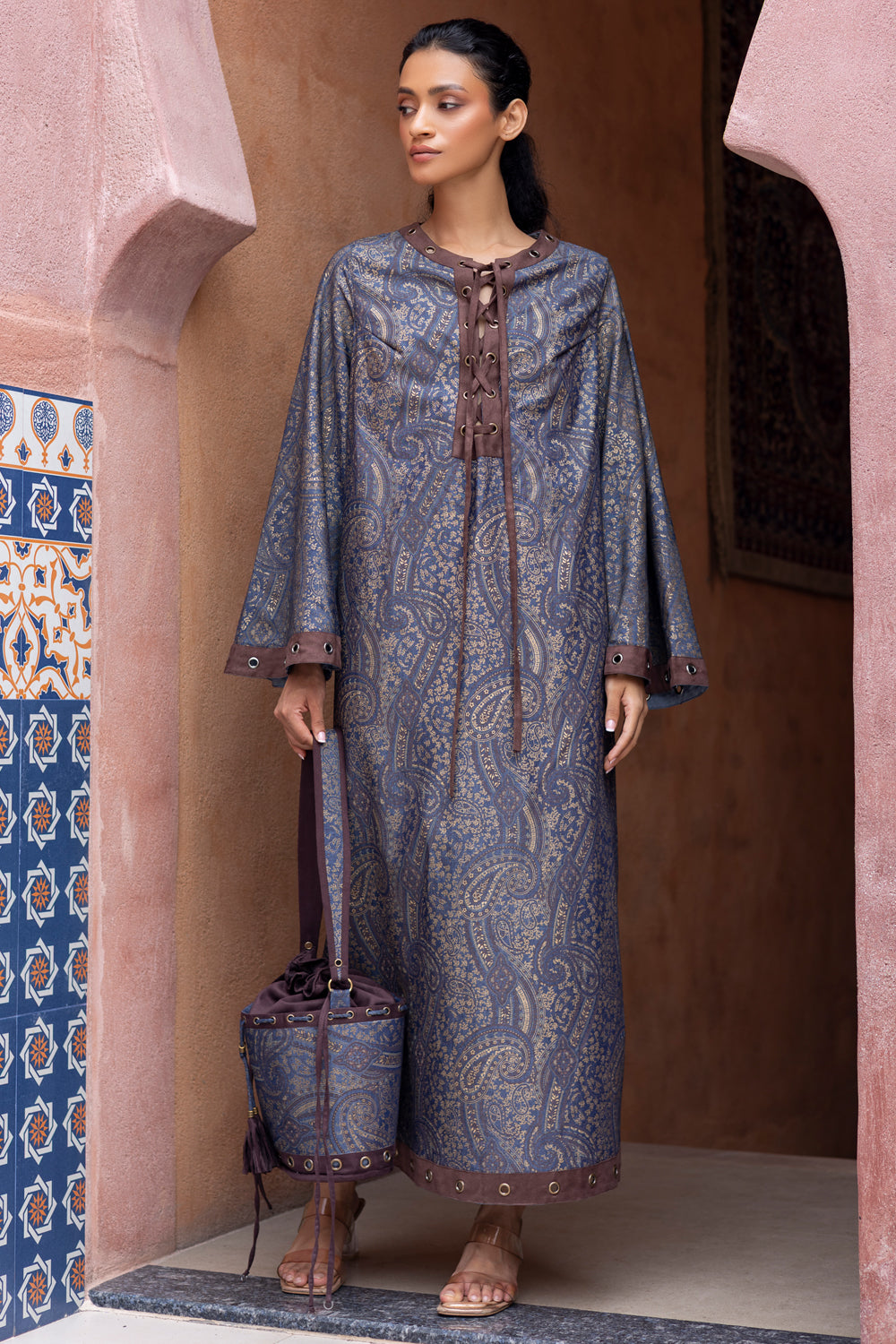 Blue Denim Printed Kaftan with Suede Edging