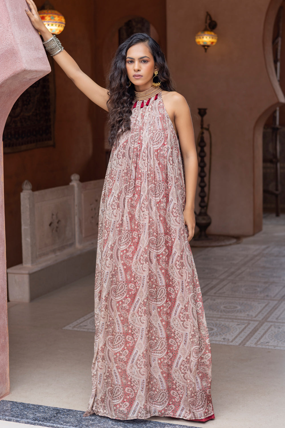 Maroon Paisley Printed Halter-Neck Embroidered Maxi
