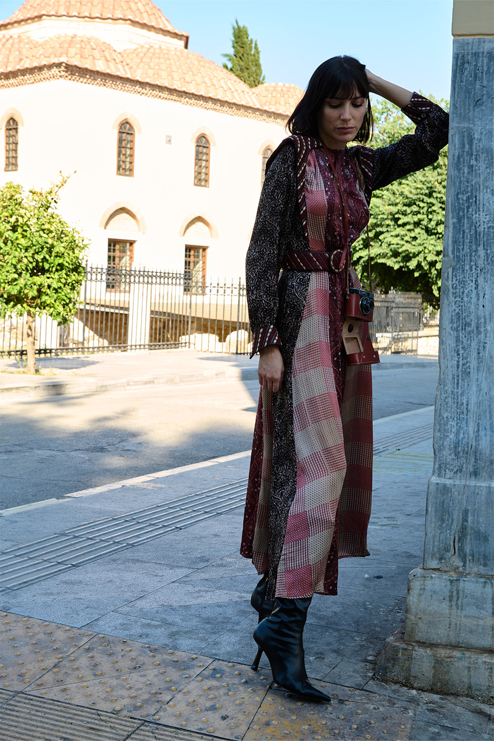 Color-Block Satin Printed Leather-Detail Dress
