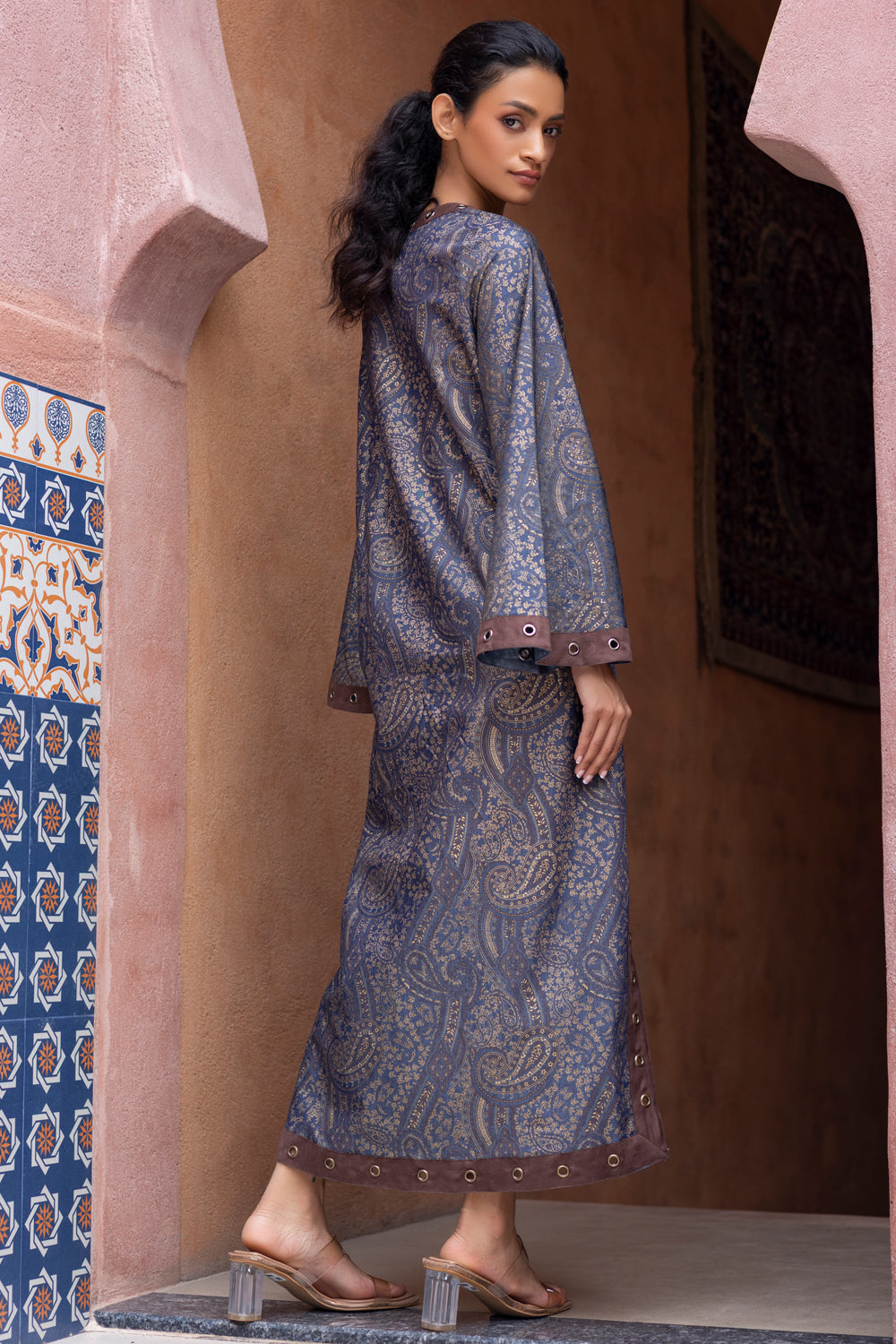 Blue Denim Printed Kaftan with Suede Edging