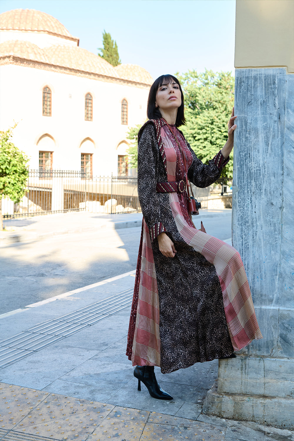 Color-Block Satin Printed Leather-Detail Dress