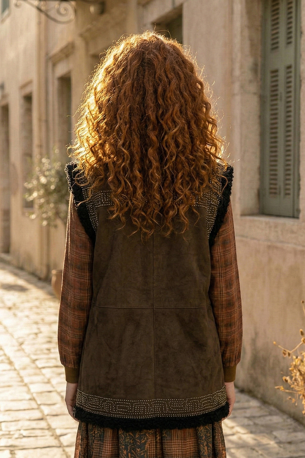 Olive Suede Couching Embroidered Waistcoat.