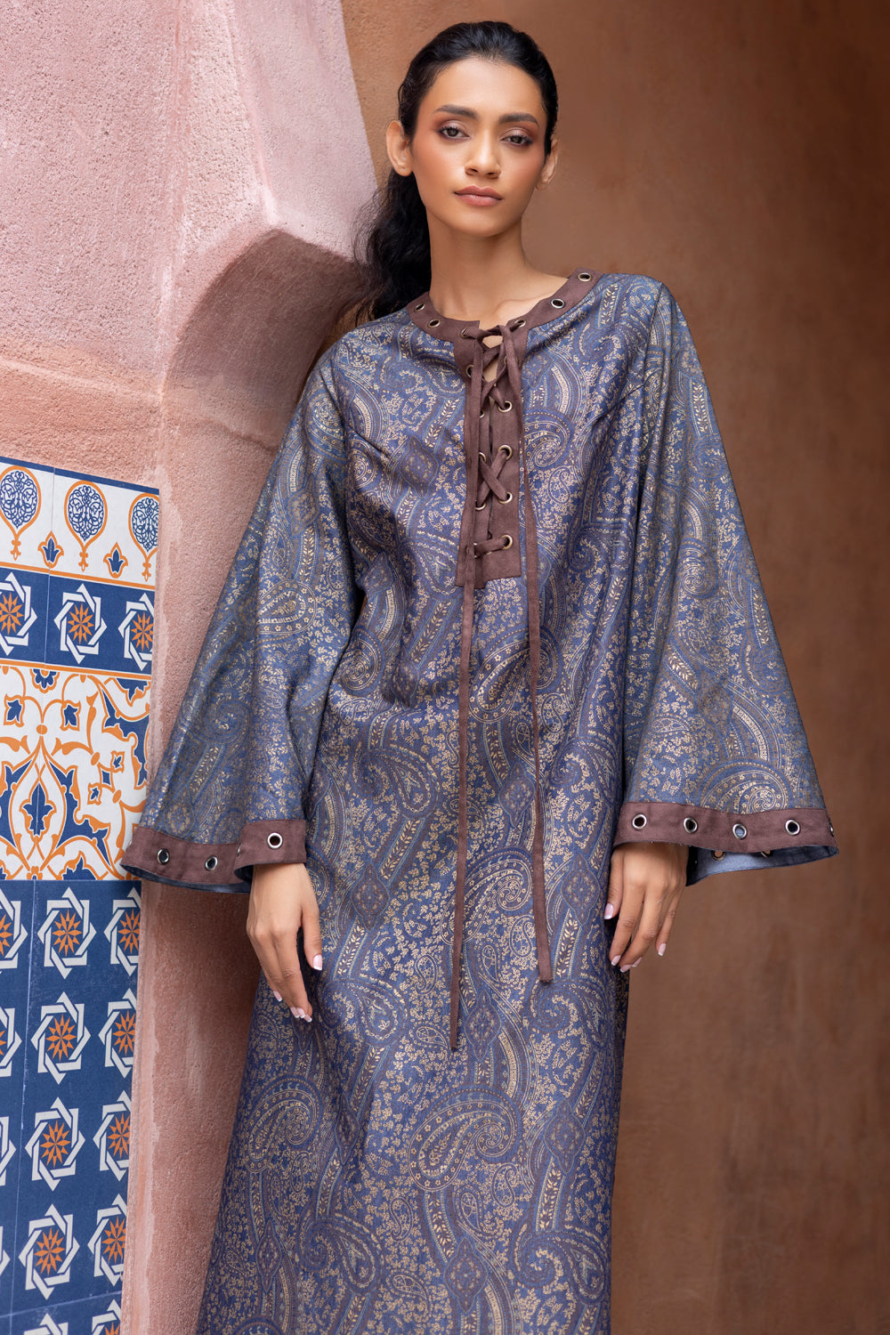 Blue Denim Printed Kaftan with Suede Edging
