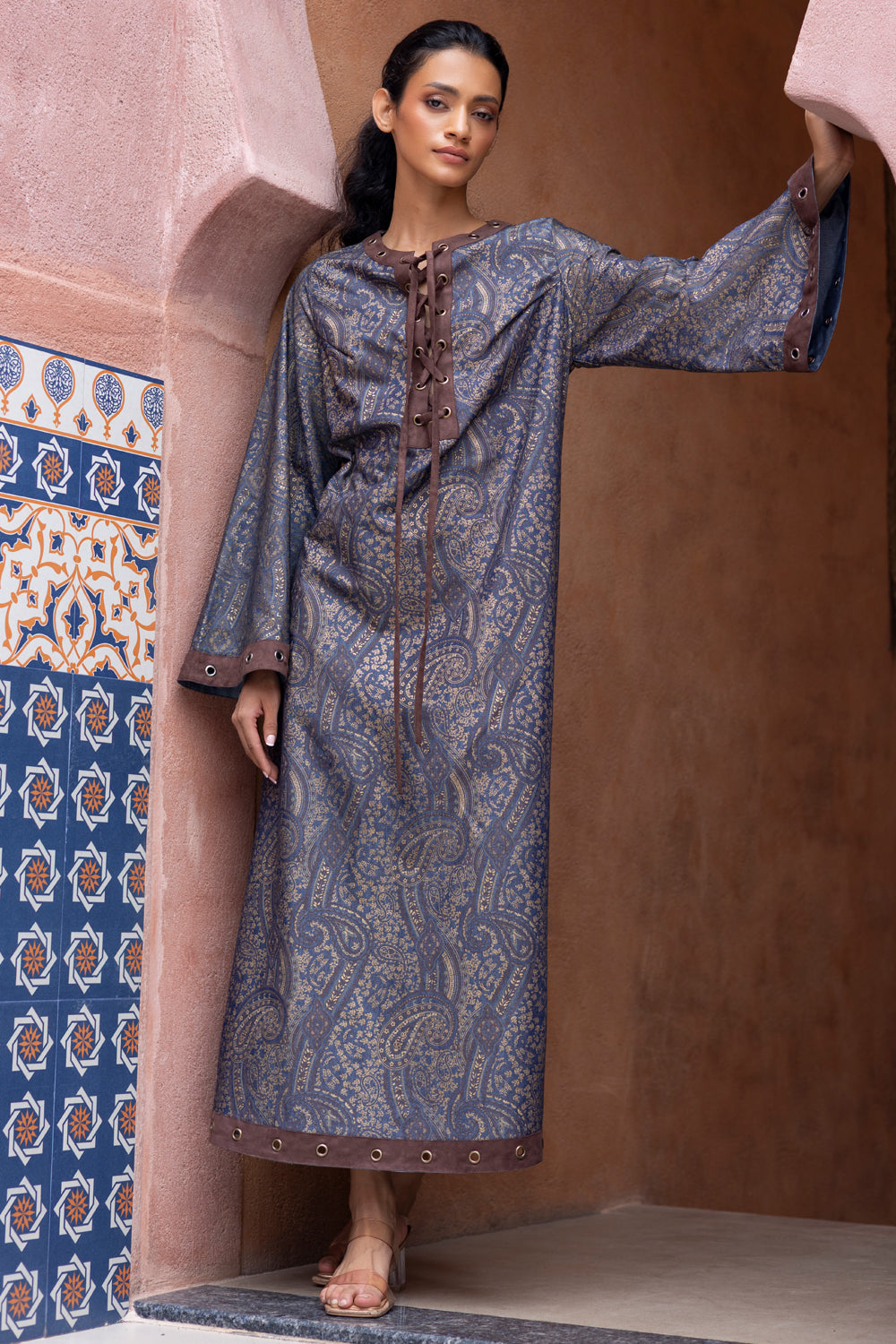Blue Denim Printed Kaftan with Suede Edging