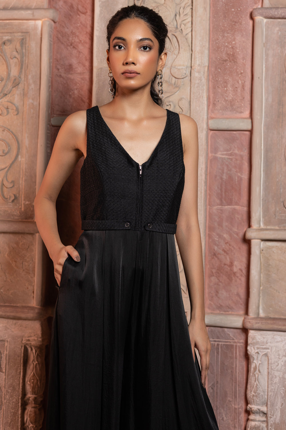 Black Satin Jumpsuit with Raw Silk Textured Embroidery