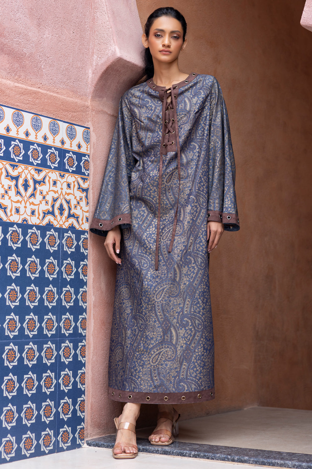 Blue Denim Printed Kaftan with Suede Edging