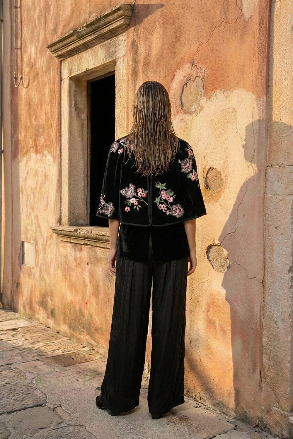 Black Velvet Floral Embroidered Cape Blazer
