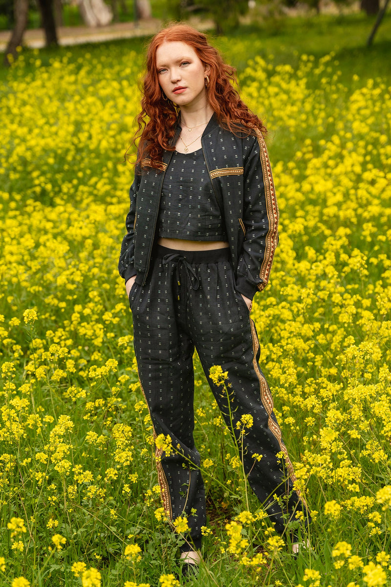 Charcoal cotton dobby tribal embroidered bomber, halter neck top and jogger | Rescue