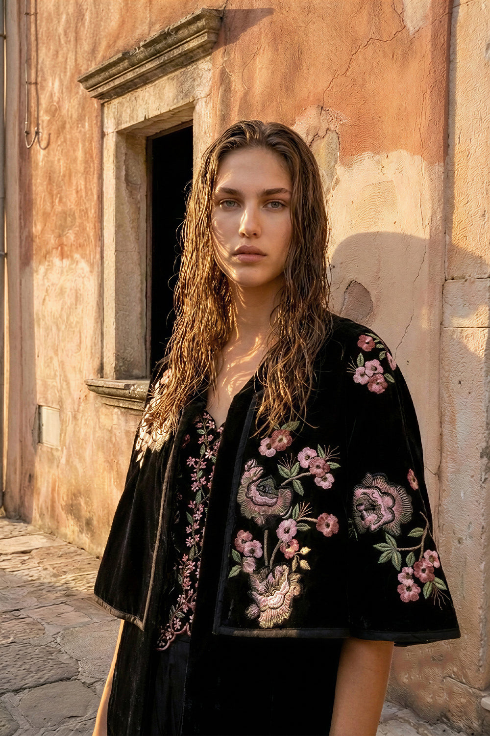 Black Velvet Floral Embroidered Cape Blazer