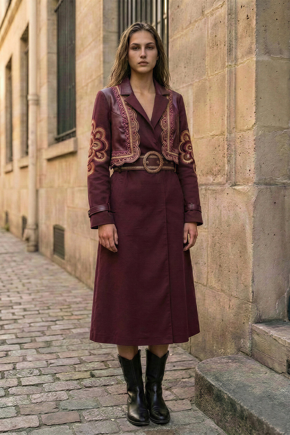 Cherry Leather-Panel Shirt Dress