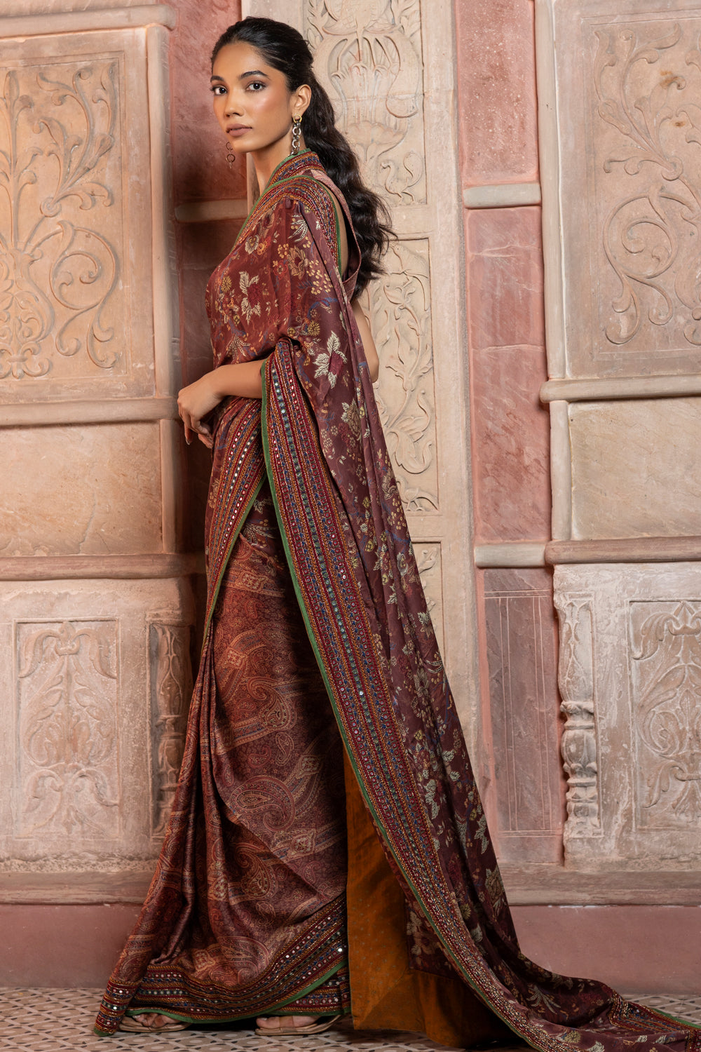 Cherry Cola Satin Paisley & Chintz Printed Saree with Mirror-Work Collared Blouse